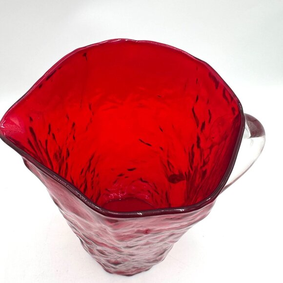 Morgantown Ruby Red Crinkle Glass 9" Pinched Pitcher With Clear Handle EUC - Picture 2 of 14